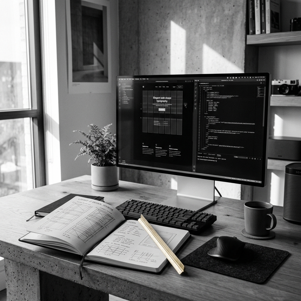 A high-end, premium editorial still-life of a minimalist oak design desk featuring an open linen notebook with geometric layout drafts, an aesthetic mechanical keyboard, raw concrete walls with a framed abstract painting in the background, and soft window blind shadows casting crossways.