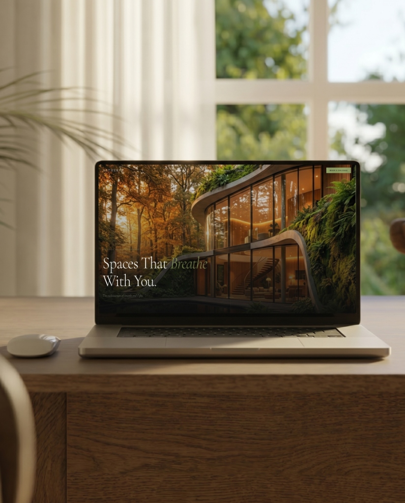 Minimalist laptop mockup displaying the Aetheria real estate website on a wooden desk.