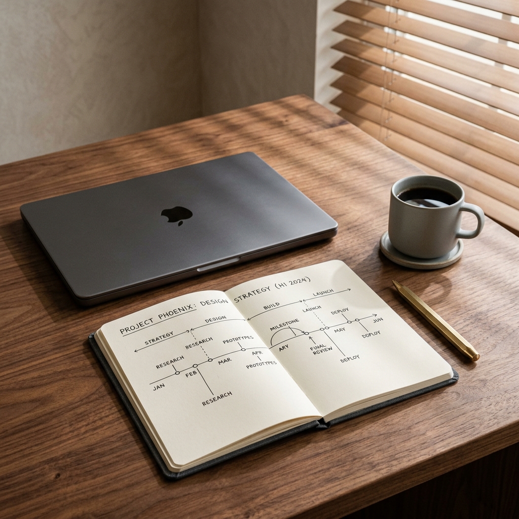 Close-up of a premium walnut consultation desk featuring a closed modern laptop, a minimalist ceramic coffee cup, a brass pen, and an open designer linen notebook detailing project strategy phases under warm, architectural blind shadows.