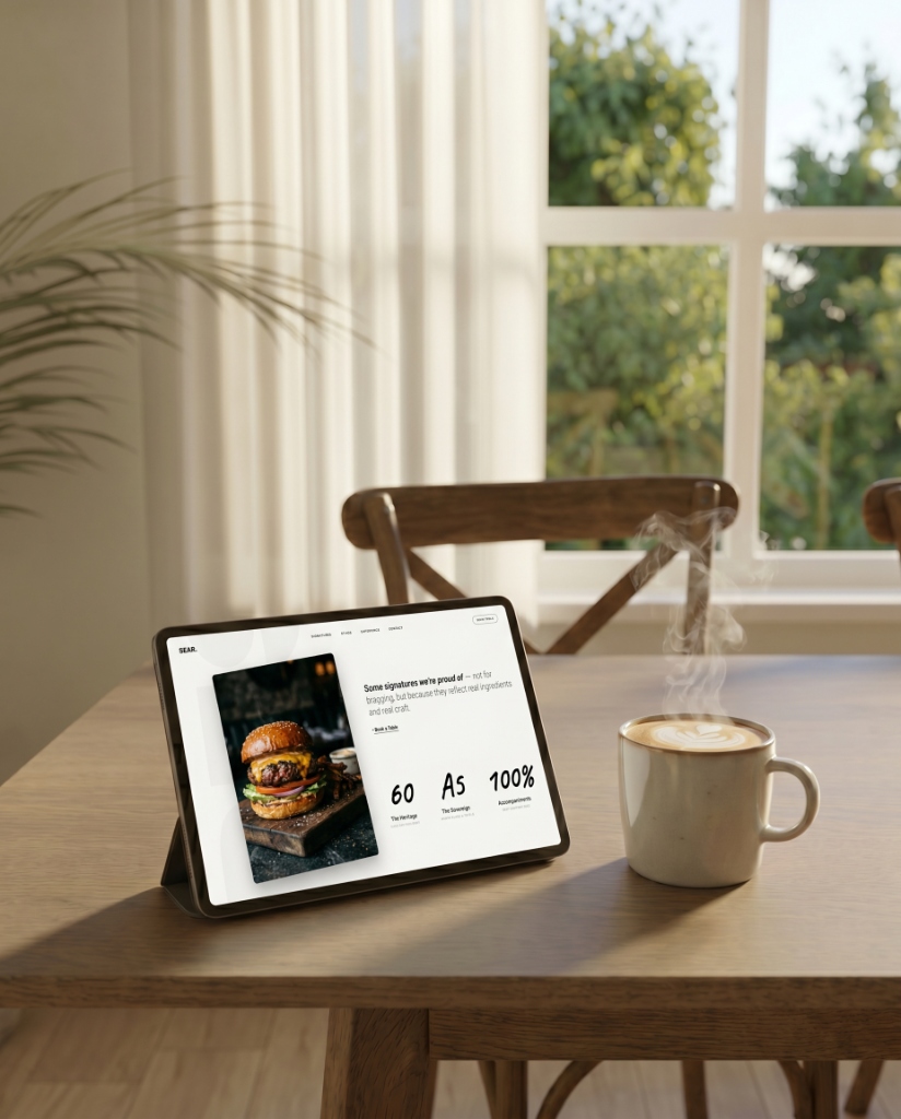 Minimalist tablet mockup showing the Sear restaurant website interface featuring a gourmet burger, alongside a steaming hot coffee cup on a wooden table.