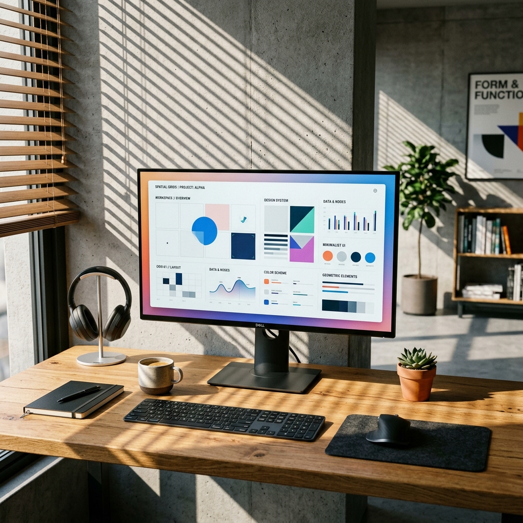 Minimalist desktop monitor showing beautiful geometric user-interface layouts on a warm oak wood desk under vertical shadows.