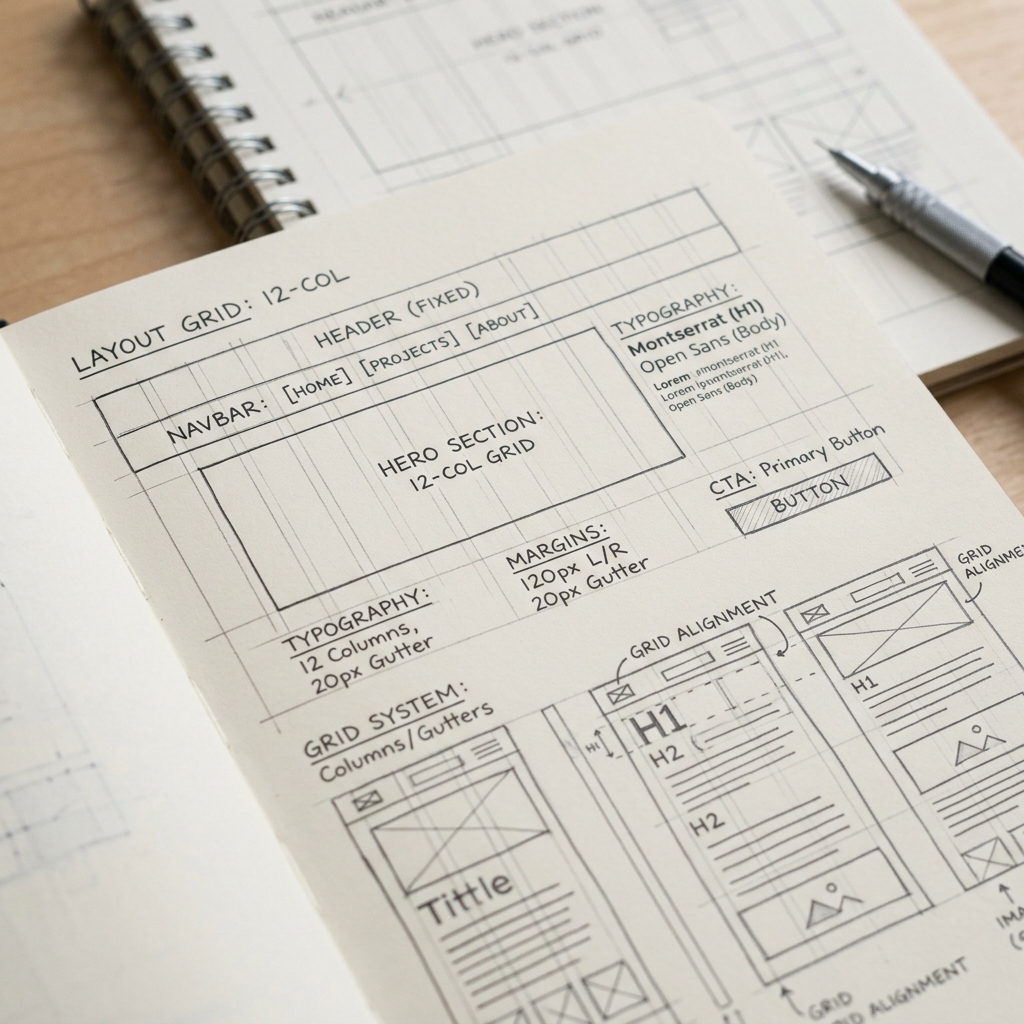 Macro close-up focusing on web layout grids, technical wireframe drawings, and typography rules in a cream sketchbook.