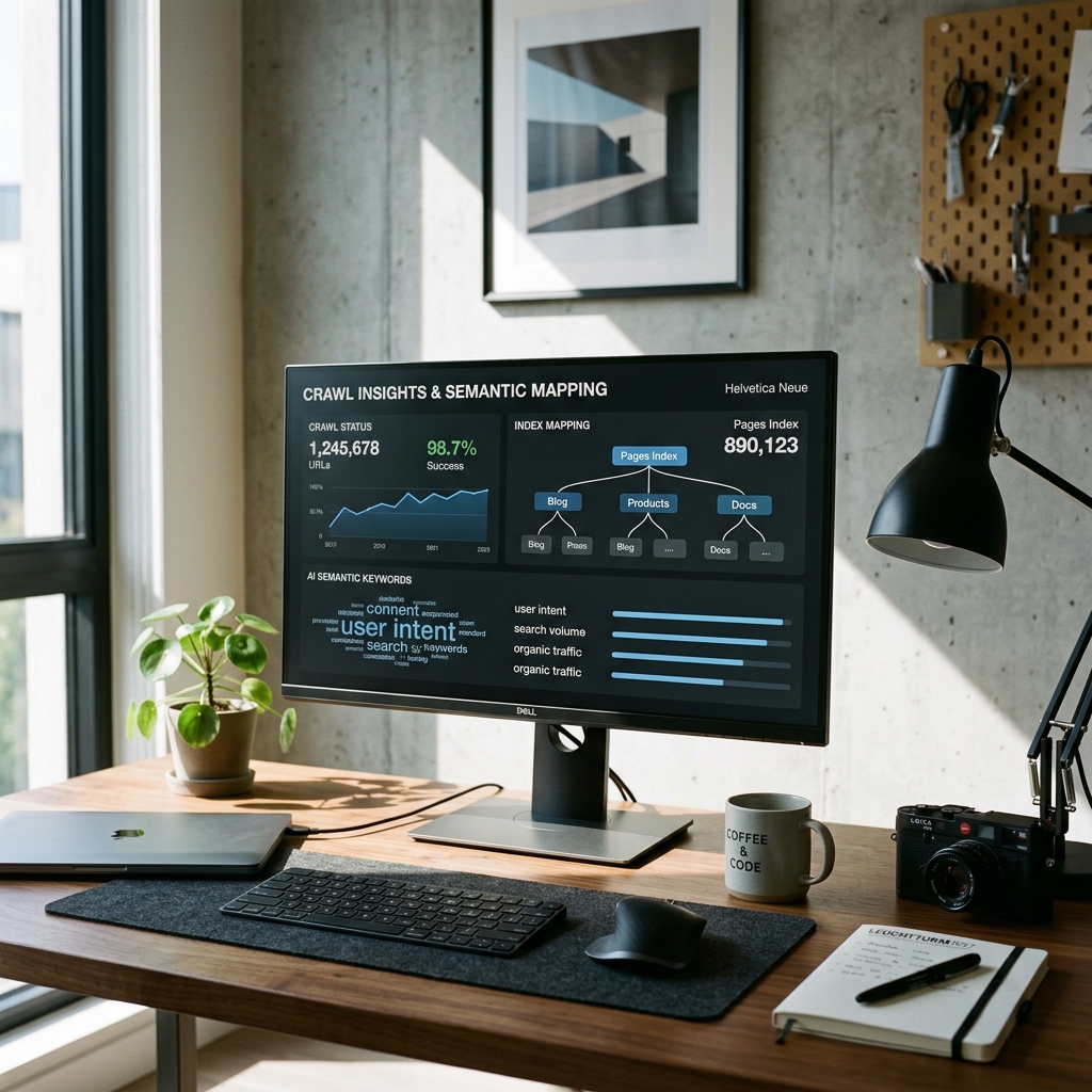 Sleek workspace monitor showing organic search query flows, crawl analytics, and semantic index tables.