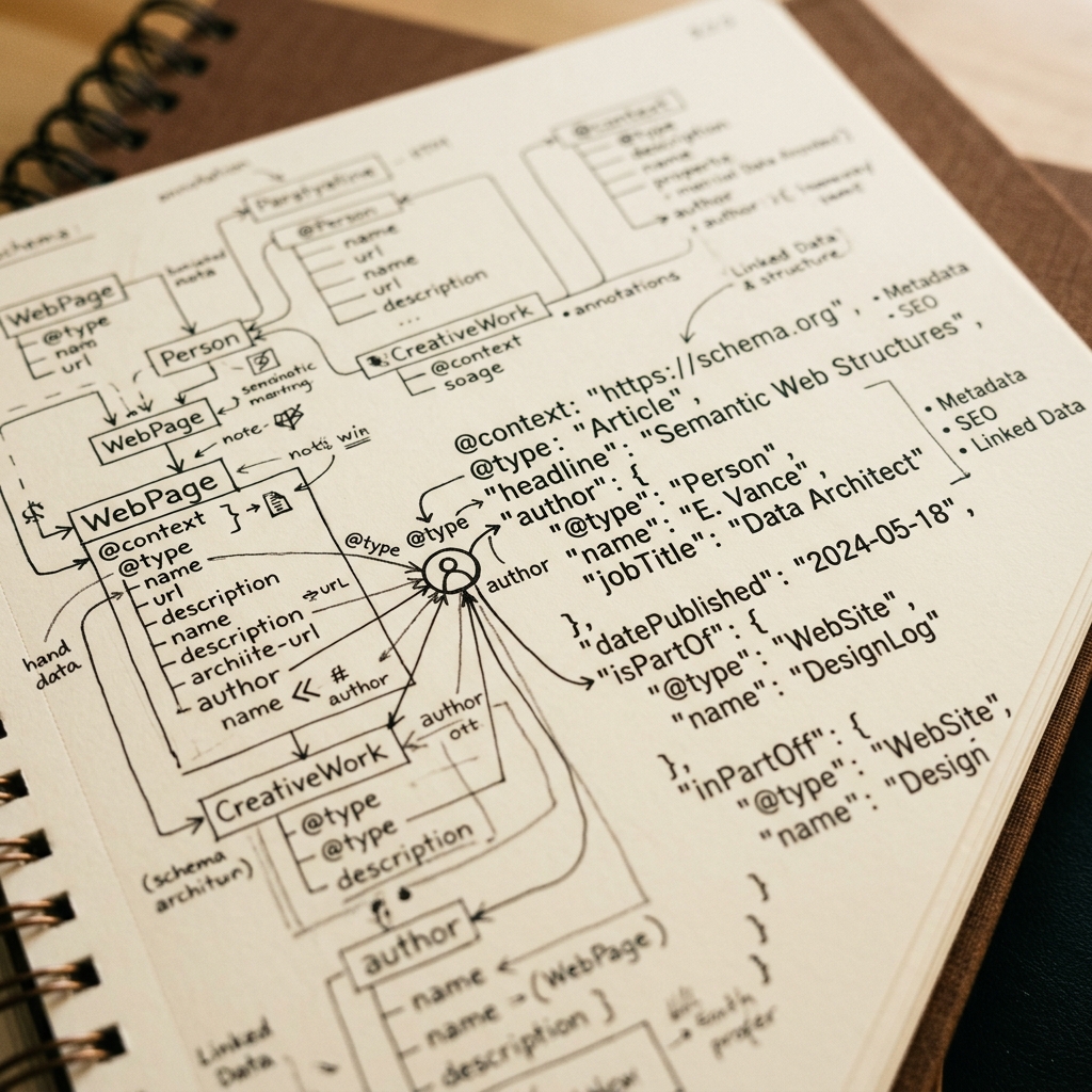 Minimalist desk notebook detailing custom schema.org JSON-LD structured data trees.