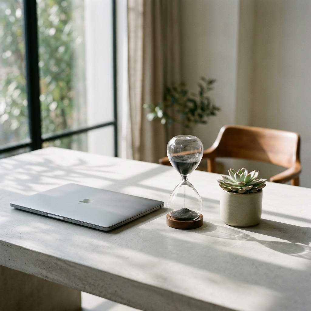 Serene morning studio workspace with concrete desktop, closed laptop, and glass hourglass timing site optimizations.