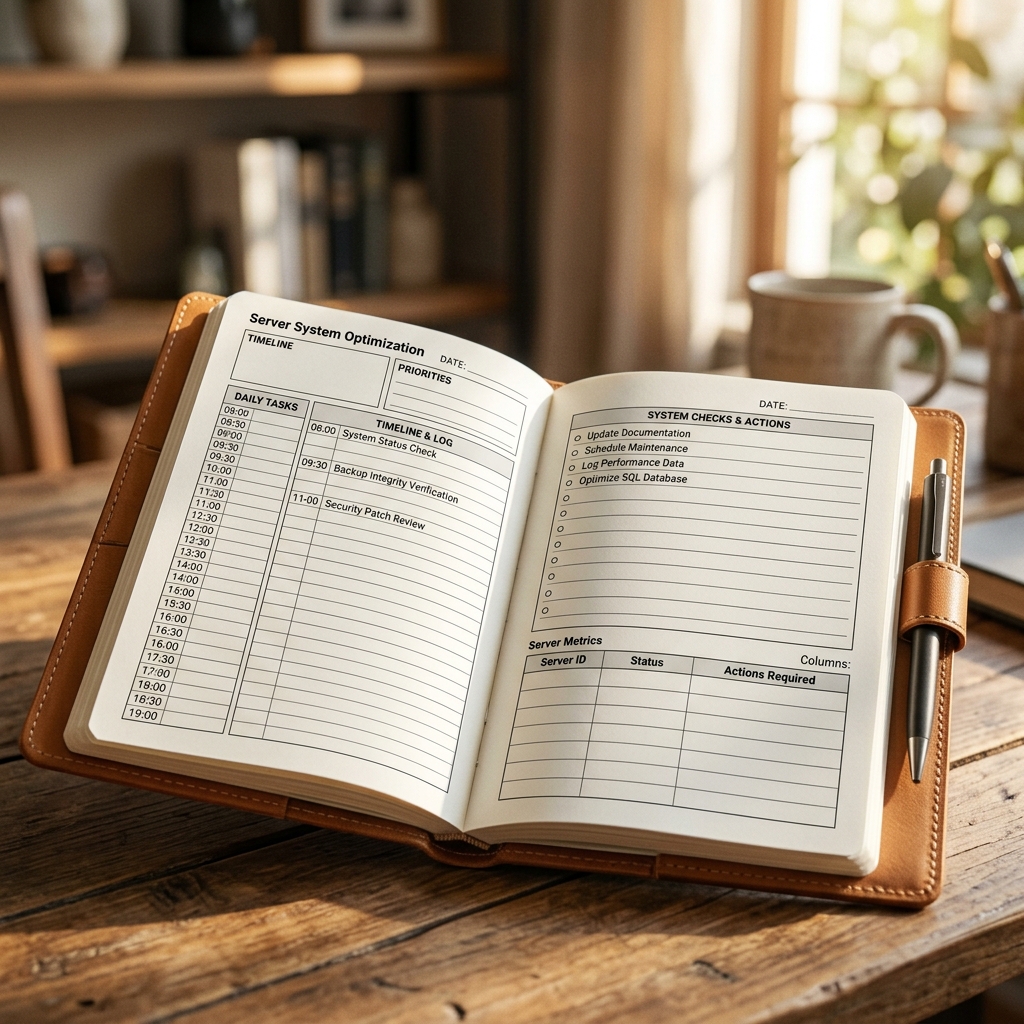Close-up on premium leather scheduler detailing maintenance checklists and server health metrics.