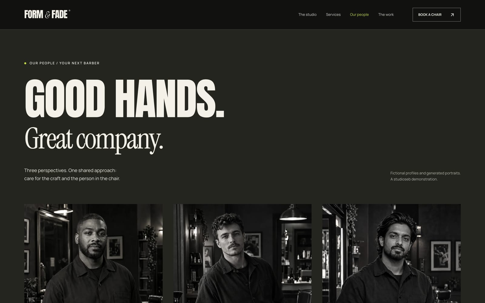 Screenshot of the Form & Fade barbers page: “Good hands. Great company.” above three barber portraits.