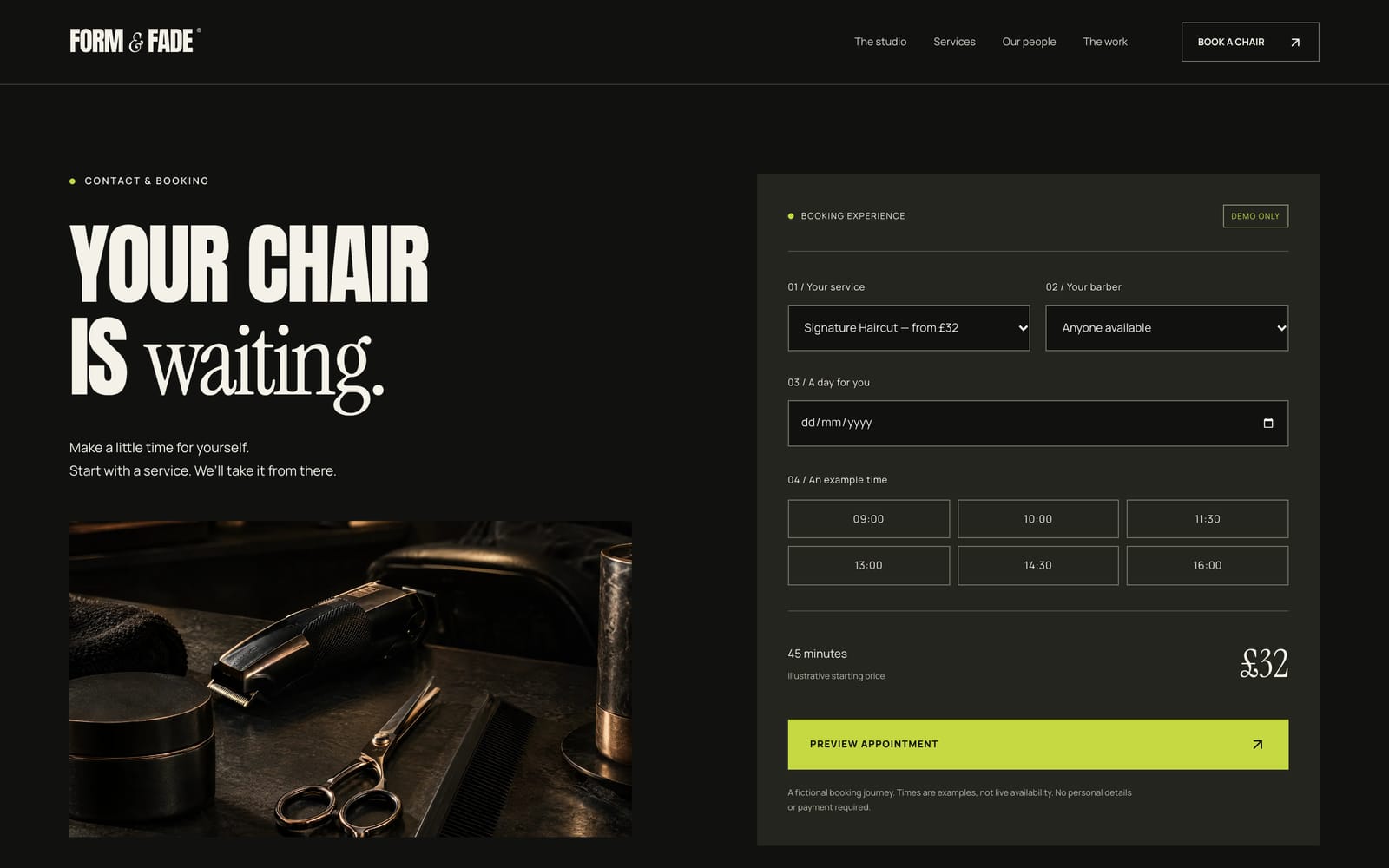 Screenshot of the Form & Fade booking section: service, barber, date and time pickers beside barber tools.