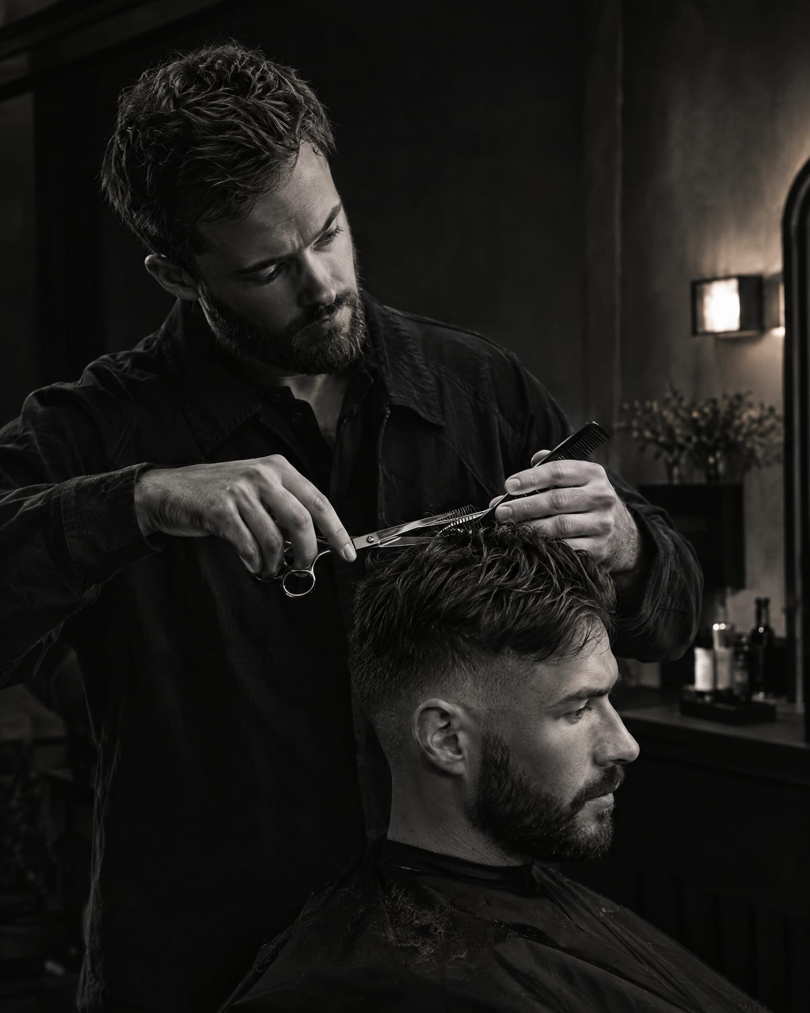 Black-and-white photograph of a barber cutting with scissors and comb.