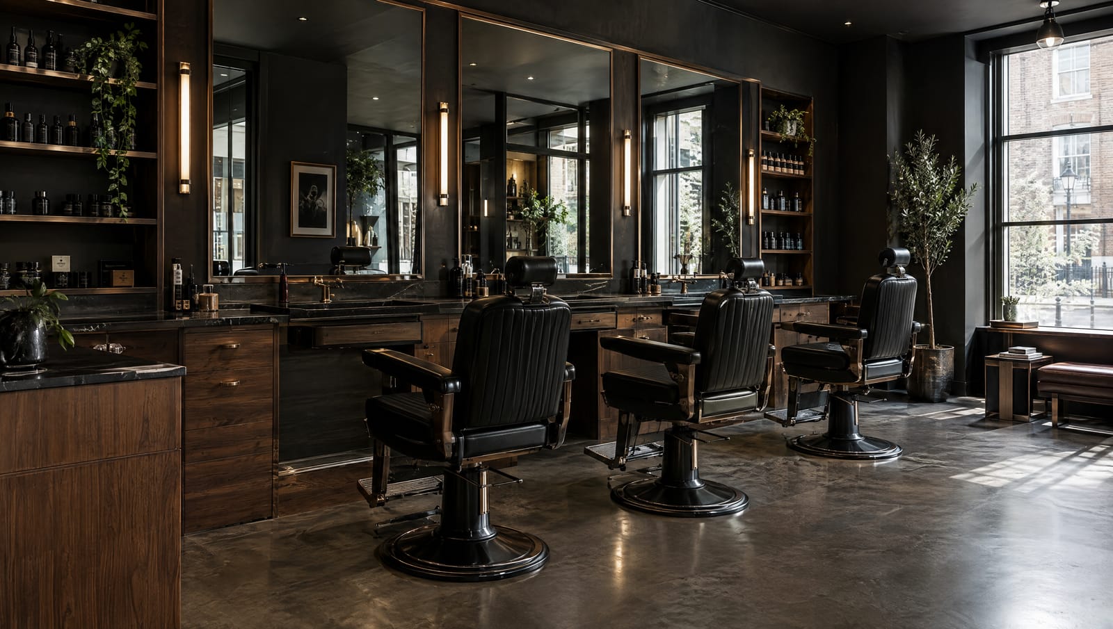 An empty barbershop with three black chairs, timber panelling and mirrors.