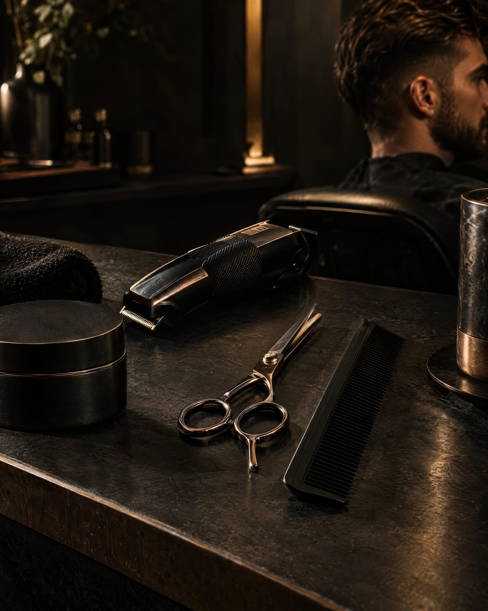 Scissors, clippers and a comb laid out on a dark counter.
