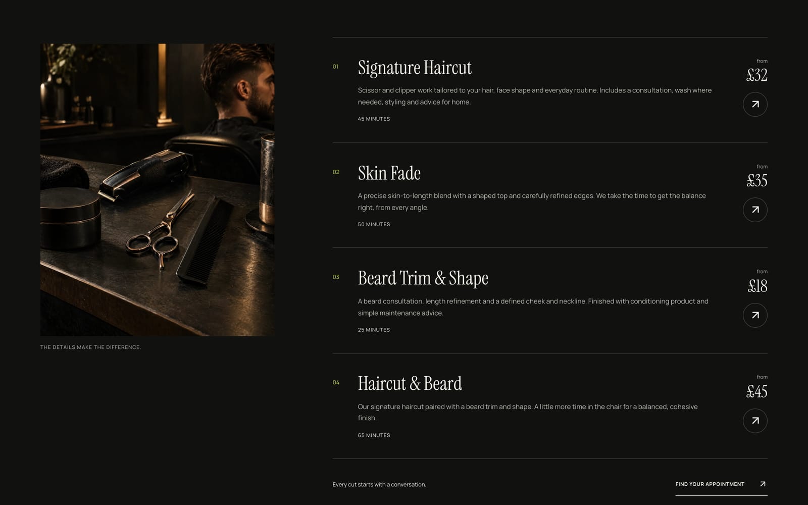 Screenshot of the Form & Fade services page: four cuts listed with descriptions and prices.