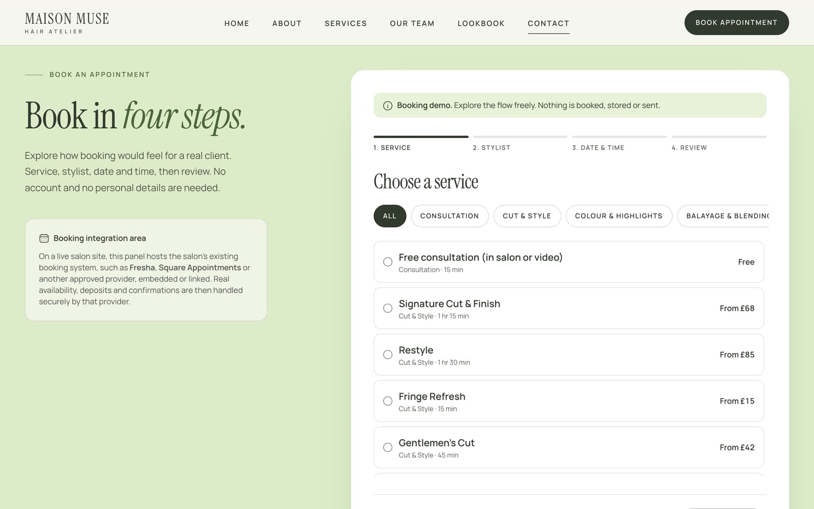 Screenshot of the Maison Muse booking page: “Book in four steps” beside a service picker.