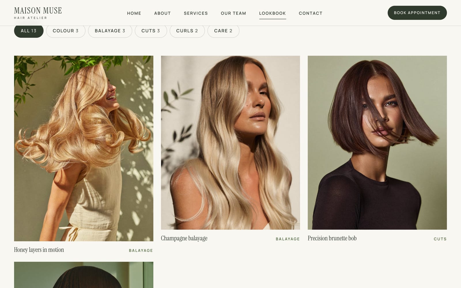 Screenshot of the Maison Muse lookbook: filter chips above a grid of hairstyle photographs.