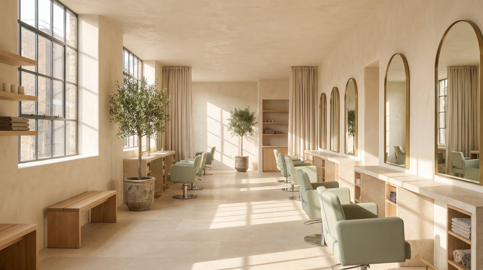 A long, sunlit salon with arched brass mirrors, sage chairs and olive trees.