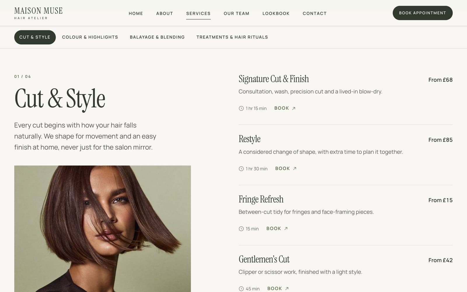 Screenshot of the Maison Muse services page: a Cut & Style category with treatments, durations and prices.