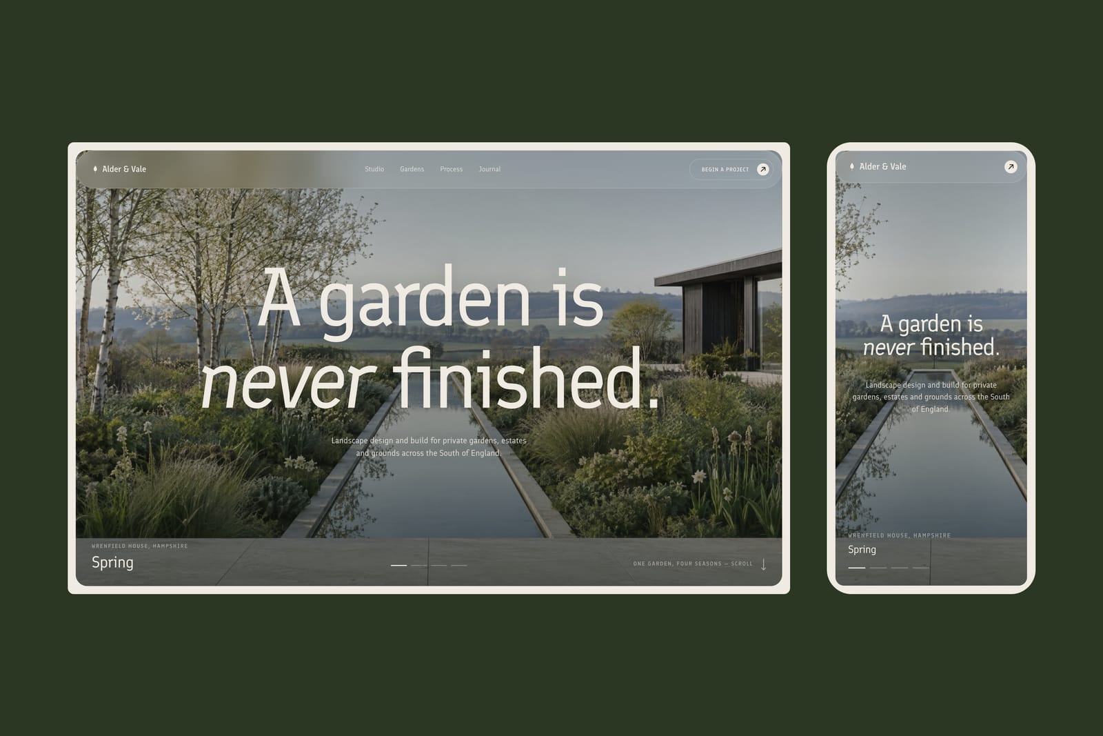 The Alder & Vale website on desktop and mobile: “A garden is never finished.” over a spring garden with a long reflecting pool, labelled Wrenfield House, Hampshire — Spring.