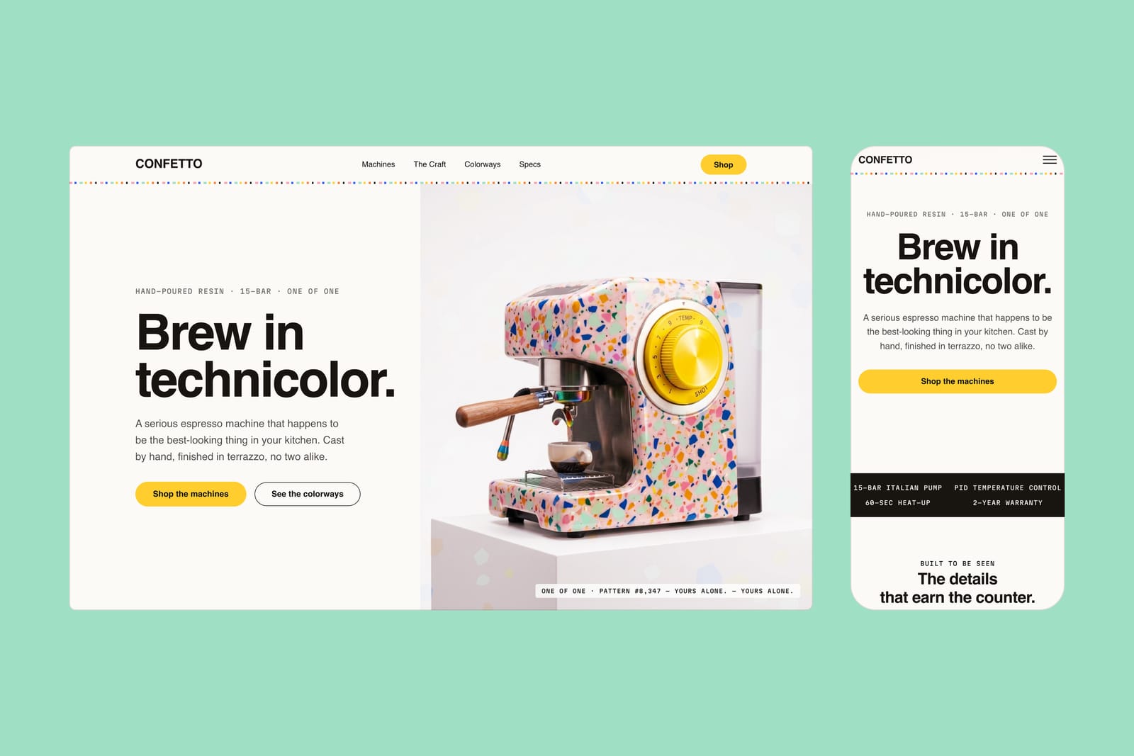 The Confetto website on desktop and mobile: “Brew in technicolor.” beside a pink terrazzo espresso machine with a yellow dial, and a yellow Shop the machines button.