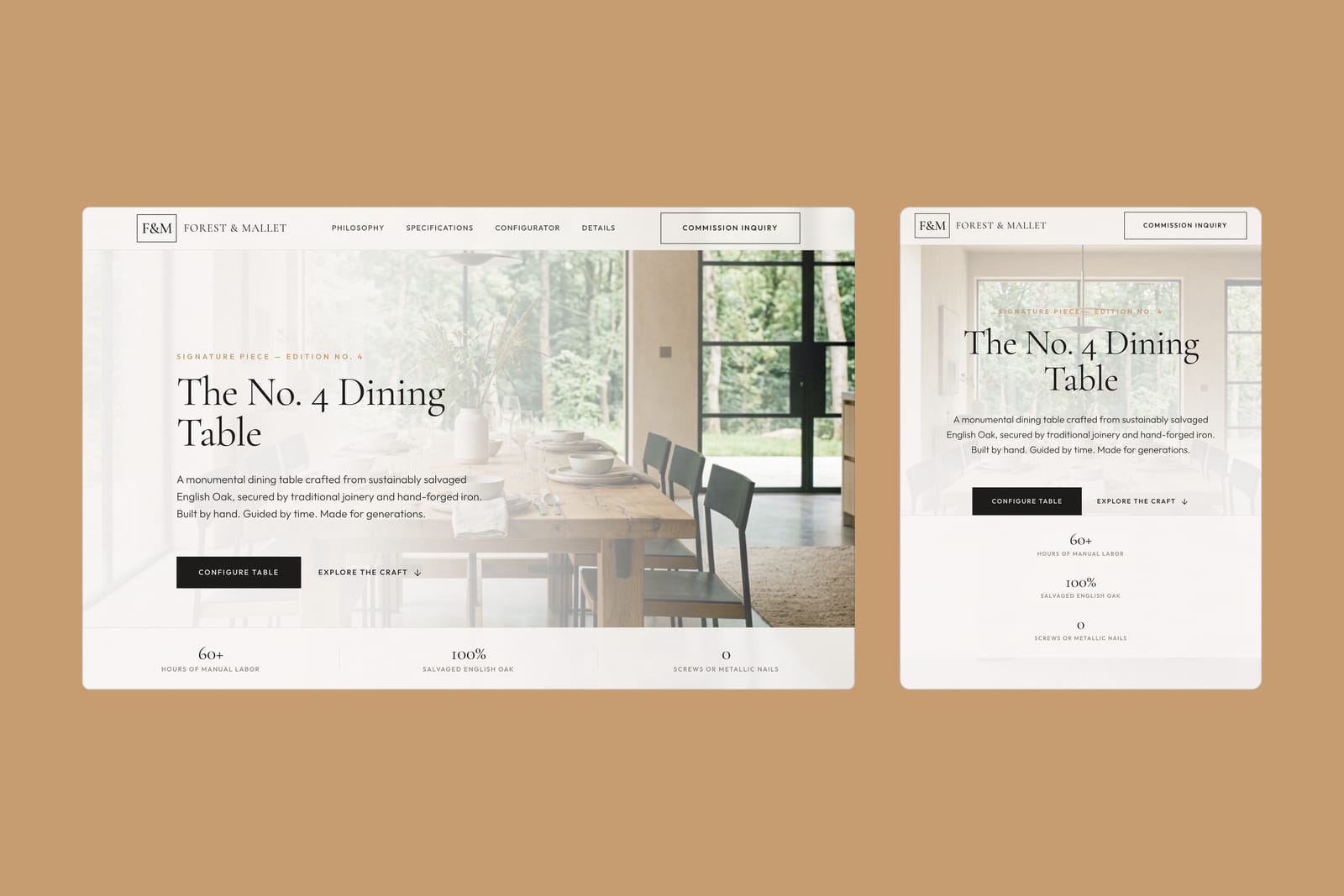 The Forest & Mallet website on desktop and tablet: “The No. 4 Dining Table” over a long oak table in a garden room, with Configure table and Commission inquiry buttons.