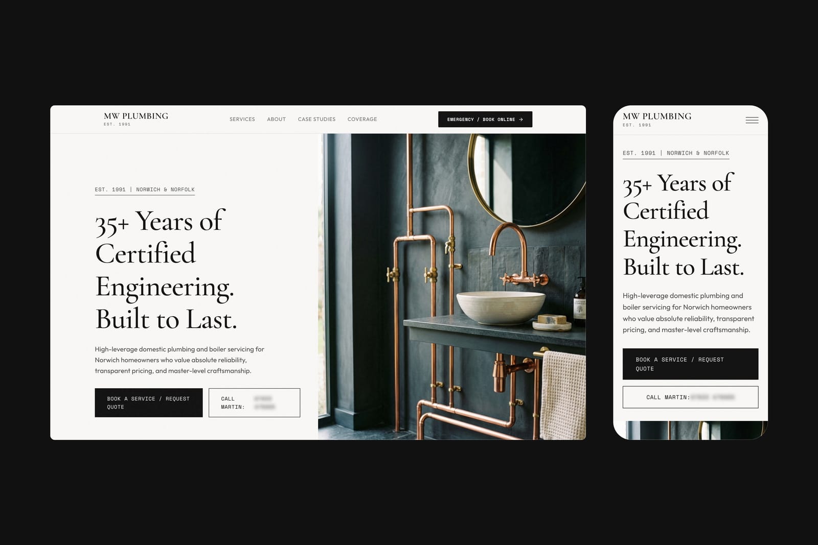 The MW Plumbing website on desktop and mobile. The hero reads “35+ Years of Certified Engineering. Built to Last.” beside copper pipework, above buttons to book a service or call; the phone number is blurred.