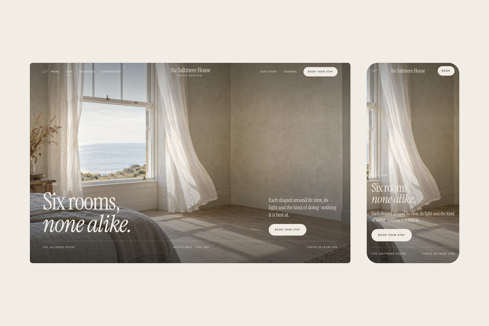 The Saltmere House website on desktop and mobile. The Stay page opens on a sea-view room with a curtain lifting in the breeze, the headline “Six rooms, none alike” and a Book your stay button.