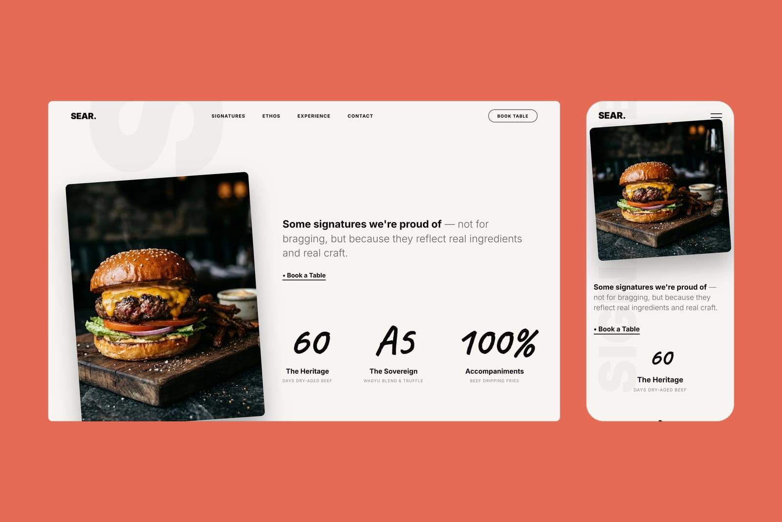 The Sear website on desktop and mobile: a cheeseburger on a wooden board beside “Some signatures we’re proud of”, a Book a Table link and three signature dishes.